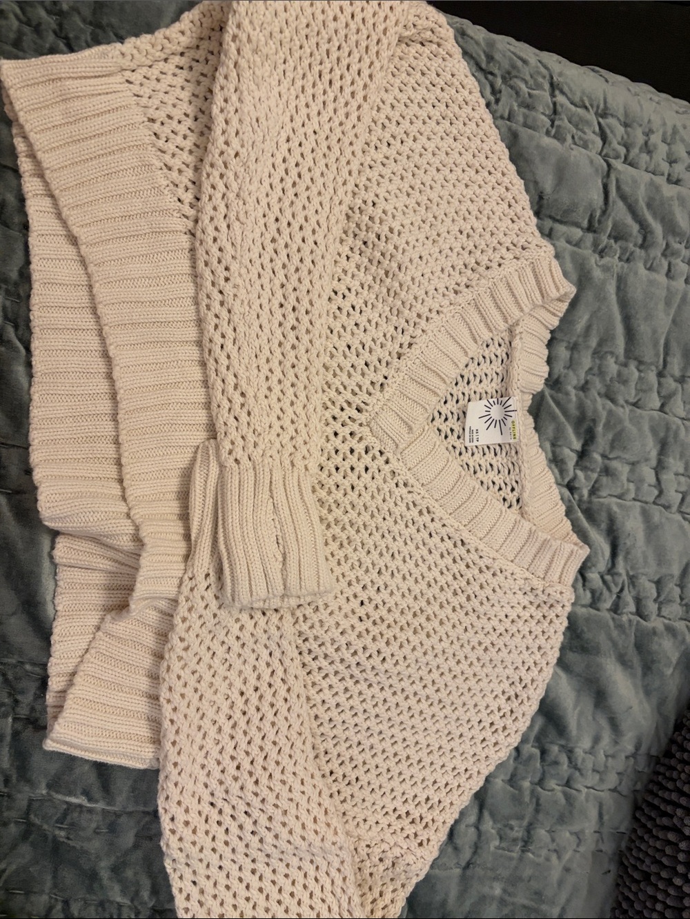 Aerie Light Cream Open-Knit V-Neck Sweater